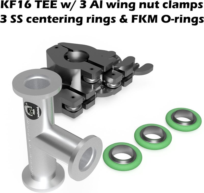 BROWNIAN MOTION TECHNOLOGY bmotiontech superior grade ISO-KF NW16 KF16 Flange Tee Fitting with 3 sets of Aluminum wing nut clamps & O-rings (KF16 Equal TEE w/ 3 clamps) - Image 2
